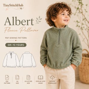 May include: A PDF sewing pattern for the Albert Fleece Pullover, sized 6M-10 years. The image displays the text TinyStitchHub, Albert Fleece Pullover, and PDF sewing pattern, alongside a line drawing of the pullover and icons for A4, US letter, and step-by-step guide.