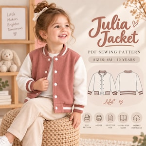 May include: A PDF sewing pattern for the Julia Jacket, featuring sizes 6M to 10 years. The design includes a varsity-style jacket with a dusty rose body, white sleeves, and white snap buttons. The image displays technical line drawings of the front and back of the jacket, along with icons for PDF pattern, A4 size, US letter size, step-by-step guide, and instant download.