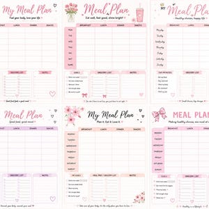 May include: Six distinct meal planner templates featuring a white background with pink accents, text headers like My Meal Plan, weekly grids for breakfast, lunch, dinner, and snacks, plus sections for goals, grocery lists, and notes with floral motifs.