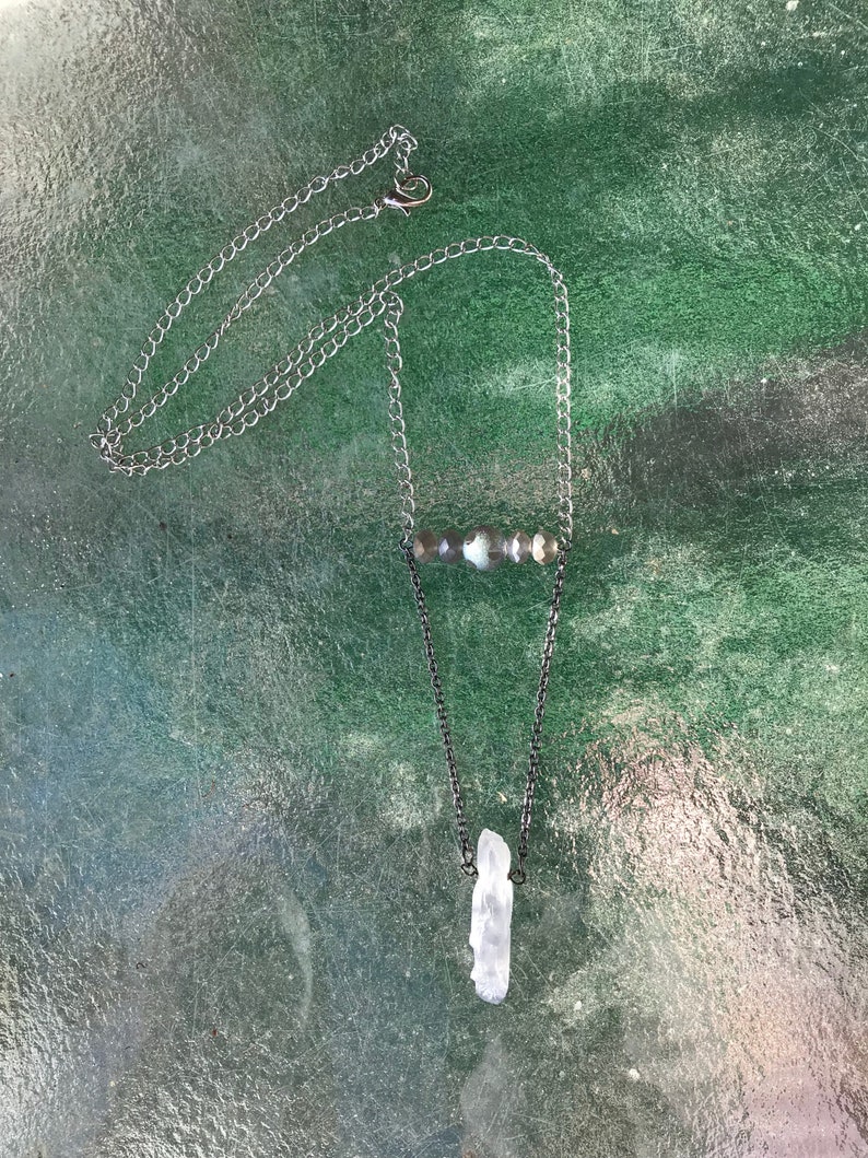 Iridescent and crystal silver Y necklace