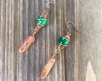 Green speckled and orange crystal earrings