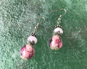 Pink Rose and Light Pink Glass Earrings