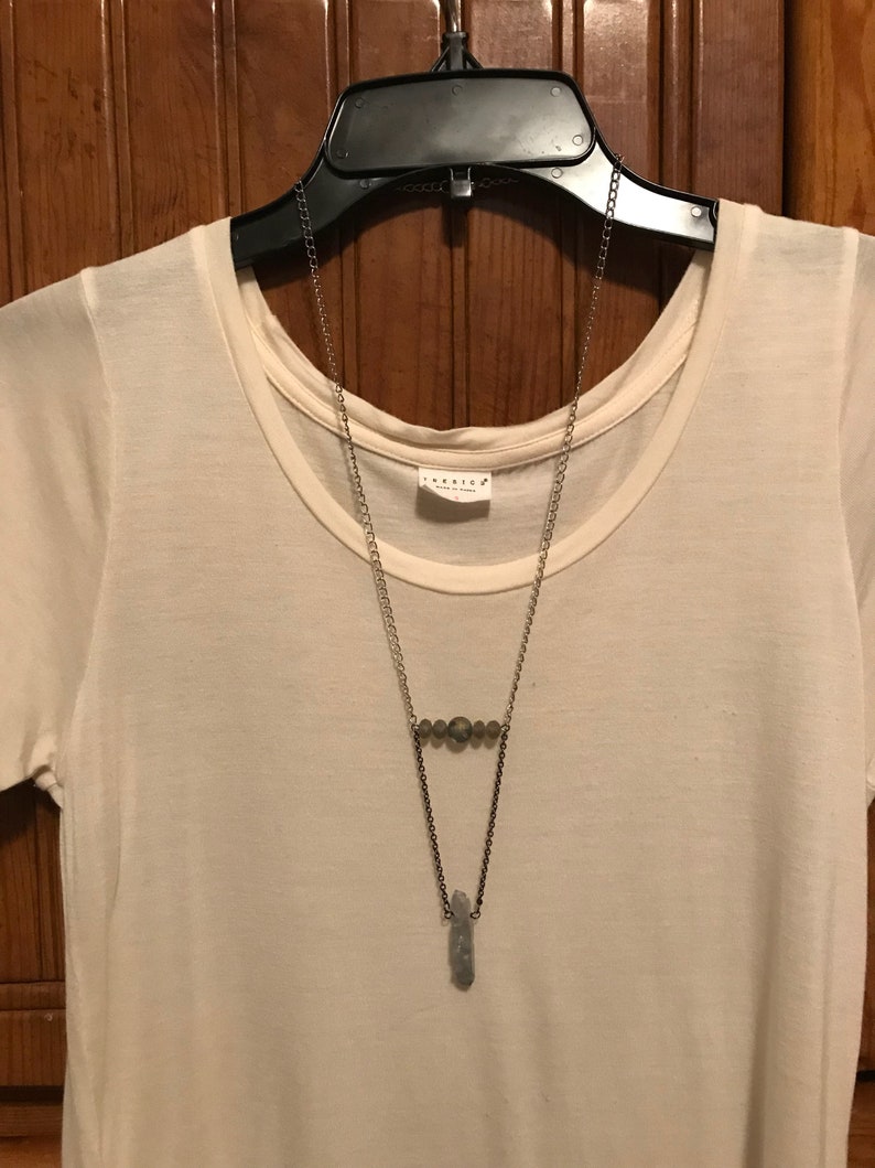 Iridescent and crystal silver Y necklace