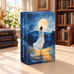 May include: A rectangular card deck box titled Moonlit Path Card Deck, Whispers from the Inner Night. The box features a watercolour illustration of a person in a white dress walking on a path towards a large moon, with text on the side.