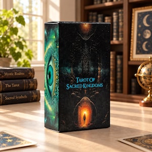 May include: A rectangular tarot deck box titled Tarot of Sacred Kingdoms. The front features a dark, atmospheric illustration of a glowing doorway with a silhouette and a large, detailed green eye on the side panel, all in a vertical orientation.