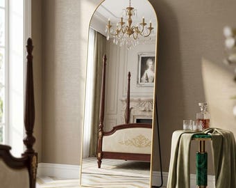 Arched Full Length Mirror with Stand, Gold Floor Mirror, Shatterproof Tempered Glass, Modern Aluminum Frame, Standing or Leaning