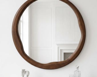 Dark Walnut Round Wood Wall Mirror, Mid Century Modern Decorative Mirror, Asymmetrical Wooden Frame Mirror