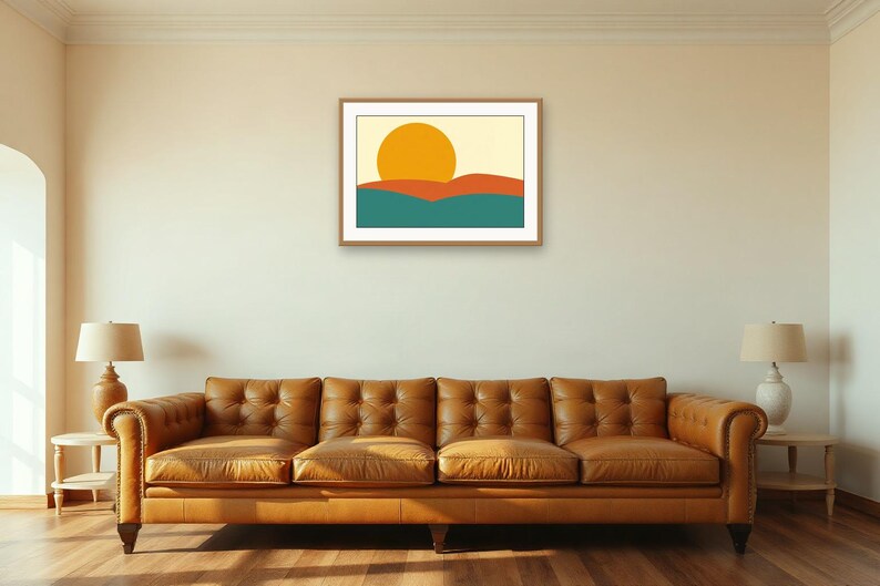 Teal Retro Wall Art, Mustard Sun Hills Print | Printable Digital Download | A4 A3 A2 | AI Art image 2