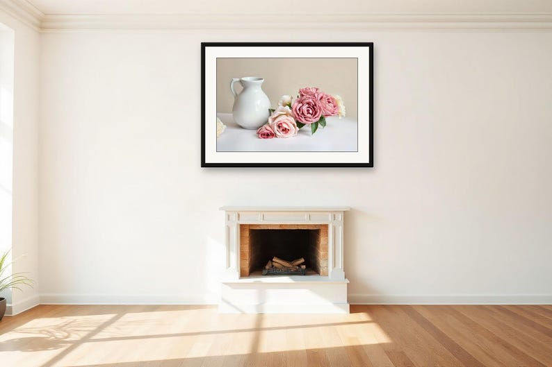 AI-Assisted Garden Roses and Ceramic Vase Print, Soft Light Still Life (Digital Download) image 2