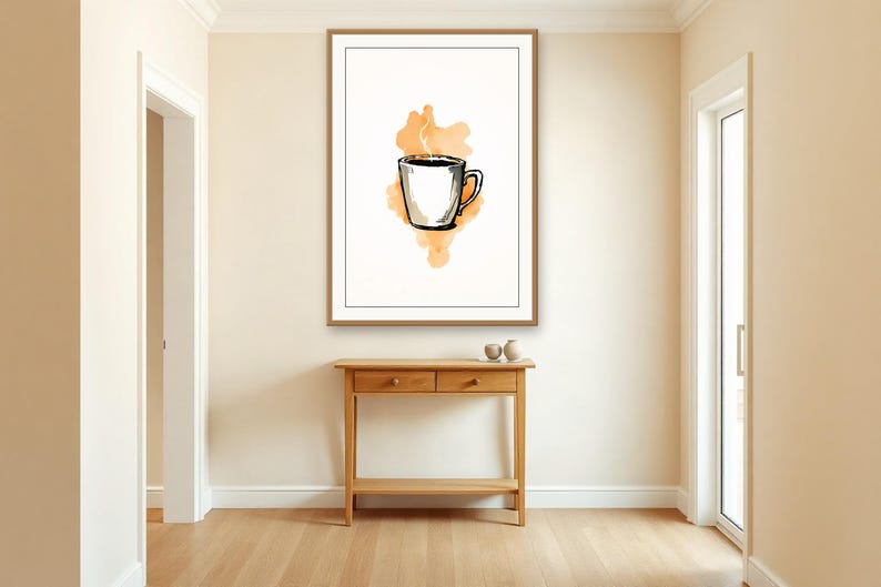 Koffiekopje, opstijgende stoom | AI-ondersteunde cafékunst, inkt- en aquareltechniek, caféleven (digitale download) afbeelding 3