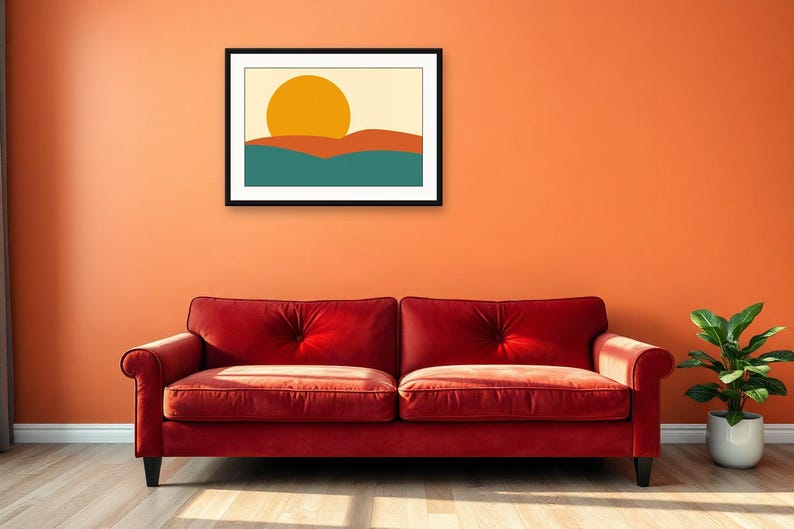 Teal Retro Wall Art, Mustard Sun Hills Print | Printable Digital Download | A4 A3 A2 | AI Art image 4
