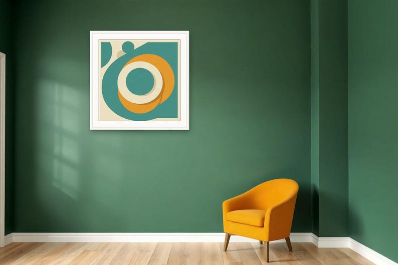 Orbit Rings, Teal | AI-Assisted Retro Abstract Art, Mid-Century Sun (Digital Download) image 2