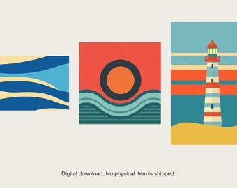 Coastal Stripes Gallery Wall Set | AI-Assisted Art Prints (Digital Download)