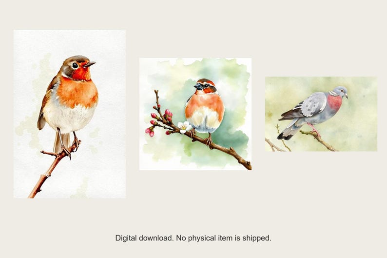 Set di immagini da parete con canti di uccelli / Uccelli con effetto acquerello realizzati con l'ausilio dell'intelligenza artificiale (download digitale) immagine 1