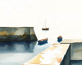 May include: A watercolor painting depicting a calm harbor scene with two small blue rowboats and a single sailboat floating on still water. Large, weathered stone piers with patches of light brown and gray texture frame the water on both sides.