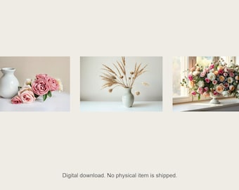 Op de afbeelding: Drie afzonderlijke afbeeldingen met bloemstukken: een witte kan met roze rozen, een lichtgekleurde vaas met gedroogde tarwestengels en een groot, kleurrijk boeket van gemengde rozen en groen in een schaal op een vensterbank.