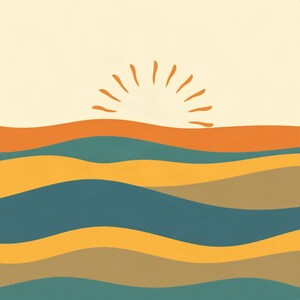 Retro-Wandbild in Türkis, Sonnen- und Wellenmotiv | Druckbarer digitaler Download | A4, A3, A2 | AI-Grafik Bild 1
