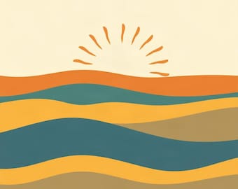 May include: A square graphic print featuring a stylised sun rising over a landscape of layered, wavy horizontal bands. The colour palette consists of cream, orange, yellow, teal, and tan, arranged in repeating, smooth, undulating patterns.