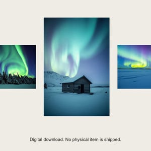 Zestaw ścienny Northern Lights Gallery | Grafika zorzy polarnej wspomagana sztuczną inteligencją, zestaw 3 wydruków cyfrowych | Cyfrowy wydruk ścienny do pobrania w formacie A4, A3, A2 zdjęcie 1
