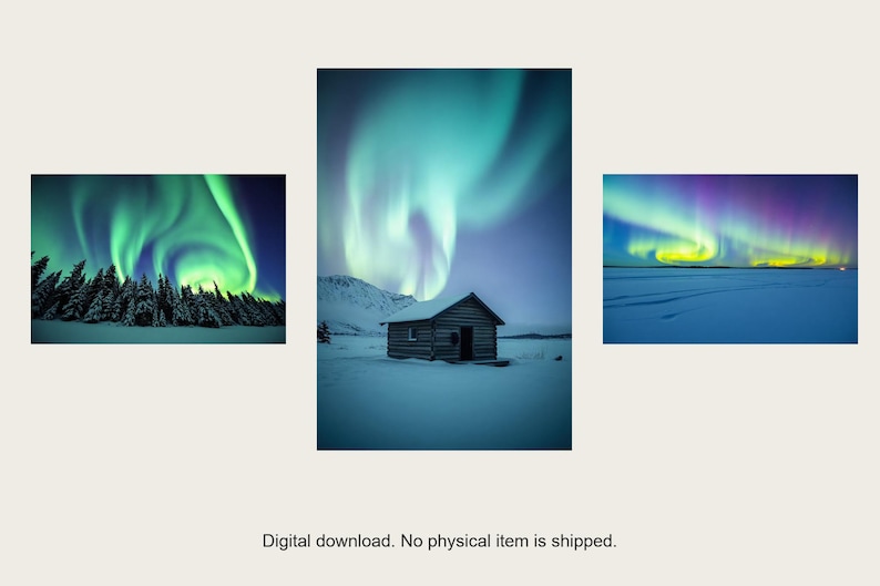 Zestaw ścienny Northern Lights Gallery | Grafika zorzy polarnej wspomagana sztuczną inteligencją, zestaw 3 wydruków cyfrowych | Cyfrowy wydruk ścienny do pobrania w formacie A4, A3, A2 zdjęcie 1