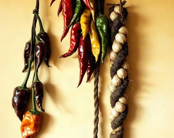 Può includere: Una decorazione da parete composta da tre fasci appesi a un ramo di legno orizzontale. La composizione include un gruppo di peperoni viola scuro e arancioni, un mix di peperoni rossi, gialli e verdi e una treccia di aglio.