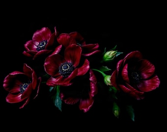 Purple Anemones | AI-Assisted Floral Art, Dark Floral, Black Ground, Night Garden (Digital Download)