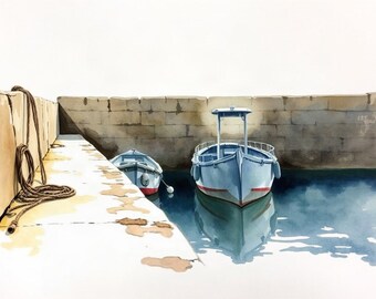 May include: A watercolor painting of two light blue boats moored in a harbor next to a stone pier. A coiled brown rope rests on the pier surface. The water is a deep blue, reflecting the boats, while the stone wall forms a backdrop to the scene.