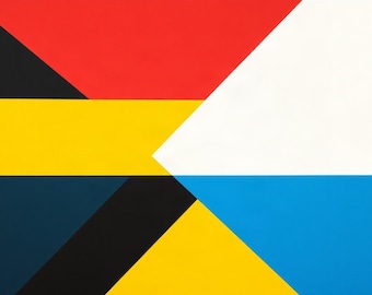 Può includere: Una stampa astratta geometrica con blocchi di colore piatti e audaci. La composizione include un grande triangolo rosso, una fascia orizzontale gialla centrale, una sezione blu scuro, una striscia diagonale nera, un triangolo bianco e un'area blu brillante.