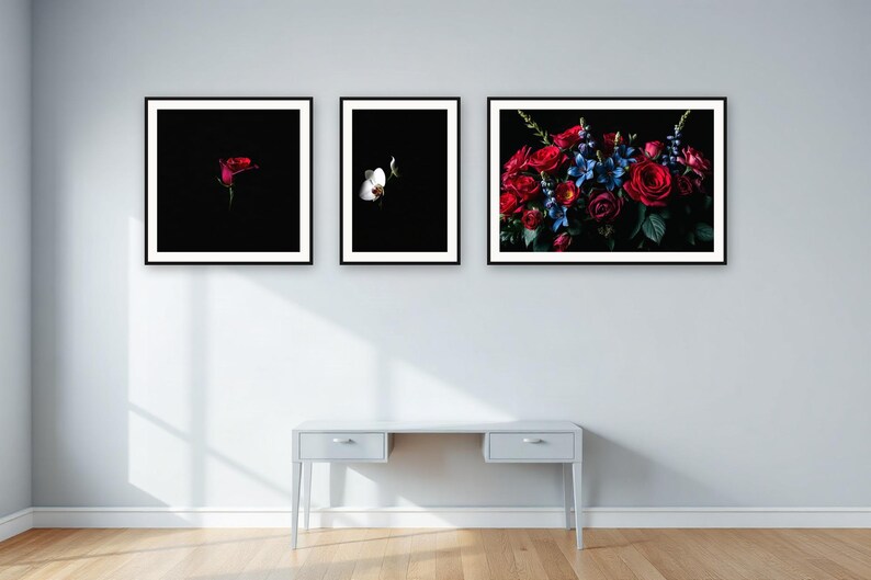 Conjunto de láminas para pared "Night Garden" / Arte floral asistido por IA, conjunto de 3 láminas digitales / Descarga digital de láminas para pared en tamaños A4, A3 y A2. imagen 4