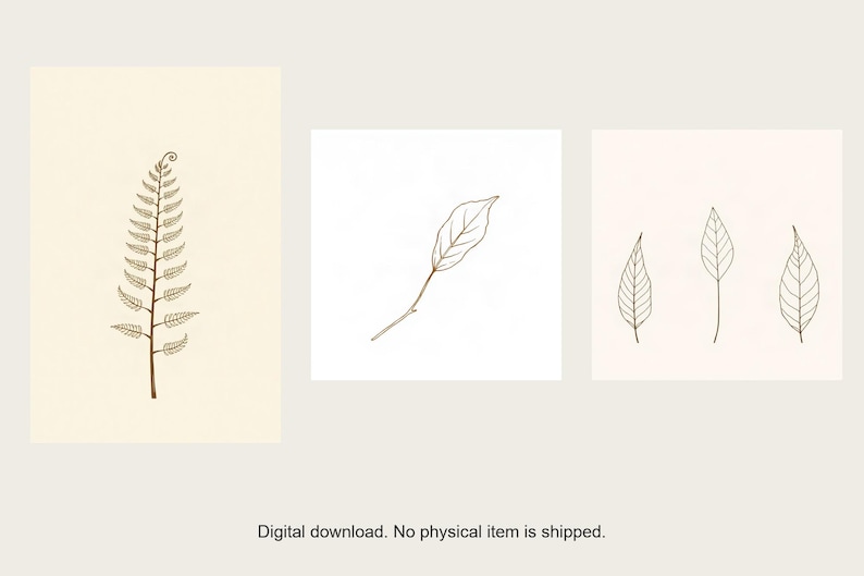 Line and Leaf Botanical Print Set | AI-Assisted Fern, Ivy, Pressed Leaves (Digital Download) image 1