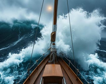 May include: A wooden sailboat deck viewed from the bow, featuring a polished brown wood surface, a central mast with white rigging, and a coiled rope. Large, turbulent dark blue ocean waves crash over the sides under a stormy, overcast sky.