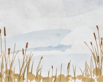 以下が含まれることがあります： 手前に背が高く細い茶色のガマと草が描かれた水彩画。背景には淡い青と白の柔らかな色調が広がり、穏やかな水辺や霧がかった空を表現している。自然な筆致で描かれた風景画であり、静かな雰囲気が漂う作品である。