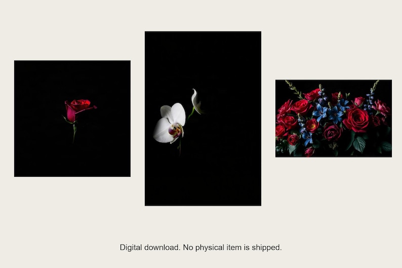 Conjunto de láminas para pared "Night Garden" / Arte floral asistido por IA, conjunto de 3 láminas digitales / Descarga digital de láminas para pared en tamaños A4, A3 y A2. imagen 1