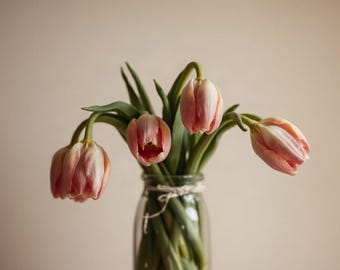 Op de afbeelding: Een boeket van vier lichtroze tulpen met groene stelen en bladeren in een doorzichtige glazen pot. De pot is rond de hals vastgebonden met een dun wit touwtje. De tulpen hebben zachte, afgeronde bloemblaadjes en staan op verschillende hoogtes.