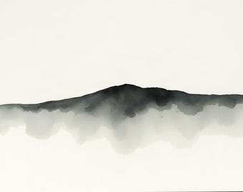 Puede incluir: Una pintura minimalista en acuarela sobre fondo blanco que presenta un solo pico de montaña representado en tonos negros y grises. La técnica de lavado de tinta crea un efecto suave y difuso en la base, desvaneciéndose en el papel blanco.