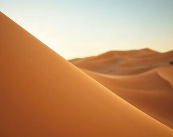 May include: A vast desert landscape featuring a prominent, smooth orange sand dune in the foreground that slopes diagonally across the frame, with soft, rolling sand dunes extending into the hazy, light-filled horizon under a pale sky.
