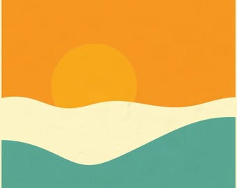May include: A square graphic print featuring a solid orange sky with a large yellow circle representing the sun. Below the sky, a wavy cream-coloured band separates the upper section from a solid teal base, creating a layered landscape composition.