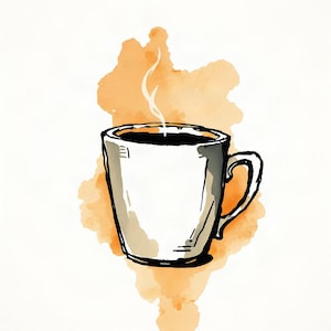 Koffiekopje, opstijgende stoom | AI-ondersteunde cafékunst, inkt- en aquareltechniek, caféleven (digitale download) afbeelding 1