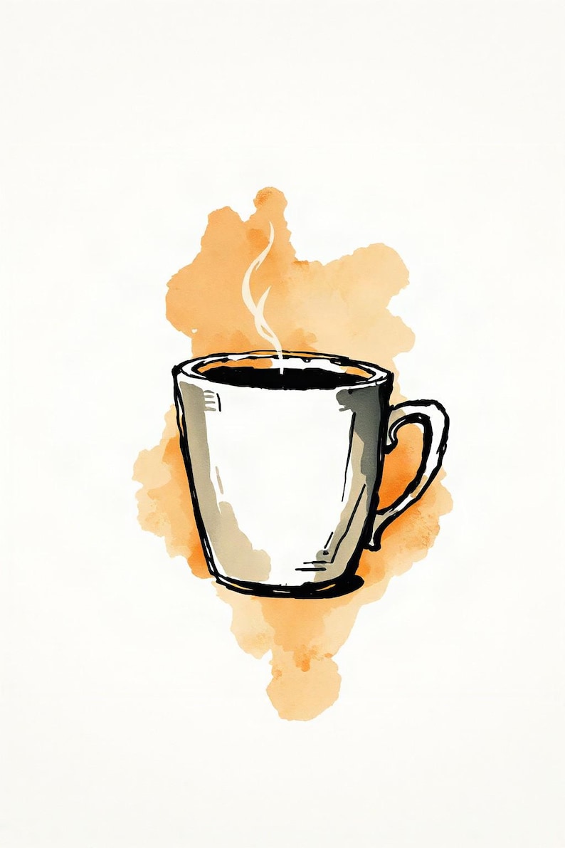 Koffiekopje, opstijgende stoom | AI-ondersteunde cafékunst, inkt- en aquareltechniek, caféleven (digitale download) afbeelding 1