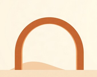 Könnte beinhalten: Eine grafische Illustration mit einem einfarbigen, terrakottafarbenen Bogen in der Mitte. Hinter dem Bogen ruht eine weiche, blass pfirsichfarbene, geschwungene Form auf einer flachen, hell cremefarbenen horizontalen Basis, was eine geschichtete Komposition ergibt.