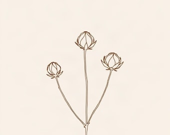 May include: A brown line art illustration of a single plant stem featuring three closed flower buds. The drawing is rendered in a simple, clean style with thin, uniform lines against a solid, light beige background, focusing on the botanical form.