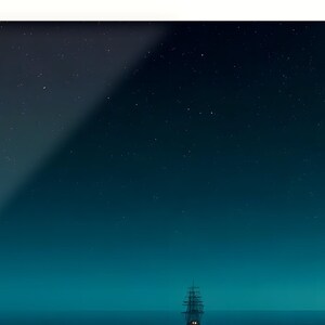 May include: A dark teal night sky filled with numerous small white stars above a calm, dark ocean horizon. A small, silhouetted sailing ship with multiple masts is positioned centrally at the bottom, featuring two small glowing lights on its deck.