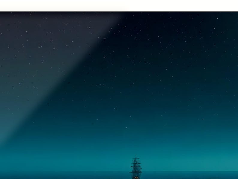 May include: A dark teal night sky filled with numerous small white stars above a calm, dark ocean horizon. A small, silhouetted sailing ship with multiple masts is positioned centrally at the bottom, featuring two small glowing lights on its deck.