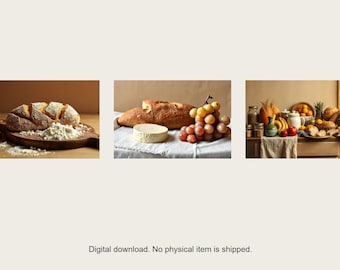 May include: A triptych of food photography featuring a loaf of crusty bread with flour on a wooden board, a loaf of bread with a round cheese and red grapes on a white cloth, and a kitchen counter filled with various fruits, vegetables, and jars.
