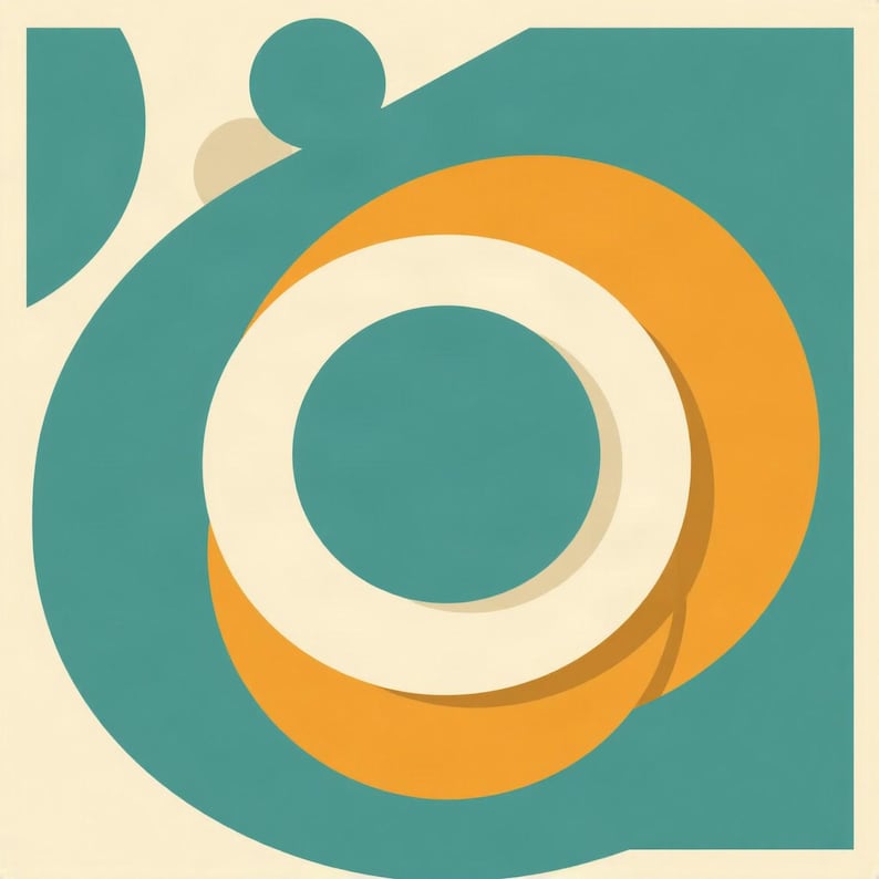 Orbit Rings, Teal | AI-Assisted Retro Abstract Art, Mid-Century Sun (Digital Download) image 1
