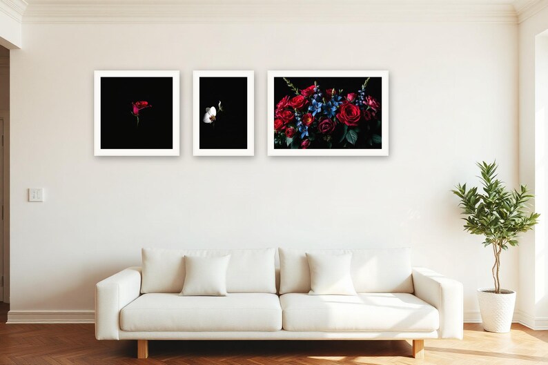 Conjunto de láminas para pared "Night Garden" / Arte floral asistido por IA, conjunto de 3 láminas digitales / Descarga digital de láminas para pared en tamaños A4, A3 y A2. imagen 2
