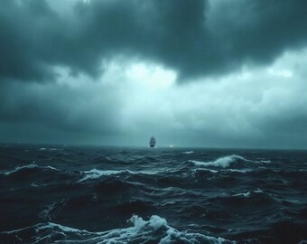 May include: A tall ship with multiple masts sails across a dark, turbulent ocean under a heavy, overcast sky. The deep blue and grey waves are capped with white foam, creating a dramatic contrast against the distant, small silhouette of the vessel.