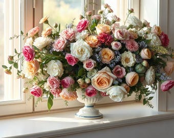 Op de afbeelding: Een groot bloemstuk met een verscheidenheid aan rozen in tinten roze, perzik, crème en wit, geaccentueerd met kleine blauwe bloemen en groen blad. De bloemen staan in een witte voetvaas met een blauw randdetail.