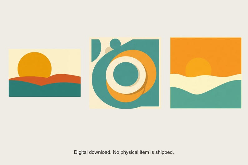 Mid-Century Sun Gallery Wall Set | AI-Assisted Abstract Art, Set of 3 Digital Prints | Digital Download Wall Art Print A4 A3 A2 image 1