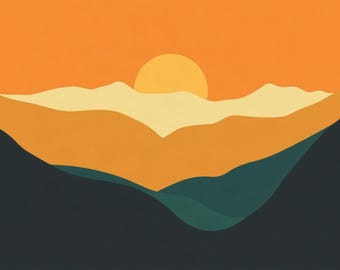 May include: A flat graphic illustration featuring layered mountain silhouettes in shades of dark charcoal, deep teal, and golden yellow, set against a bright orange sky with a large, pale yellow circular sun positioned behind the peaks.